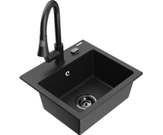 Granitinė virtuvinė plautuvė Mexen Milo su maišytuvu ir sifonu, Metallic juodas/sidabrinis+Juodas