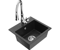 Granitinė virtuvinė plautuvė Mexen Milo su maišytuvu ir sifonu, Metallic juodas/sidabrinis+Chrome