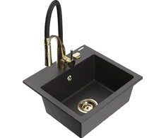 Granitinė virtuvinė plautuvė Mexen Milo su maišytuvu ir sifonu, Juodas granite+Juodas/Gold