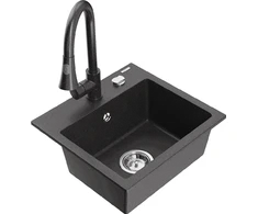 Granitinė virtuvinė plautuvė Mexen Milo su maišytuvu ir sifonu, Juodas granite