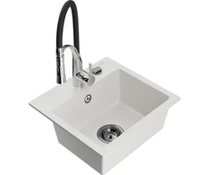 Granitinė virtuvinė plautuvė Mexen Milo su maišytuvu ir sifonu, Baltas+Juodas/Chrome