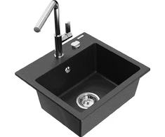 Granitinė virtuvinė plautuvė Mexen Milo su maišytuvu ir sifonu, Metallic juodas/sidabrinis+Chrome