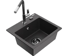 Granitinė virtuvinė plautuvė Mexen Milo su maišytuvu ir sifonu, Juodas granite+Juodas granite/Chrome