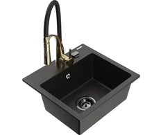 Granitinė virtuvinė plautuvė Mexen Milo su maišytuvu ir sifonu, Metallic juodas/auksinis+Juodas/Gold
