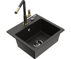Granitinė virtuvinė plautuvė Mexen Milo su maišytuvu ir sifonu, Metallic juodas/auksinis+Juodas/Gold