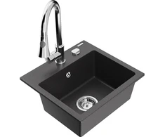 Granitinė virtuvinė plautuvė Mexen Milo su maišytuvu ir sifonu, Juodas granite+Chrome