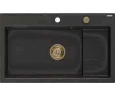 Granitinė virtuvinė plautuvė Mexen Omar su sifonu, Metallic juodas/auksinis+Gold, 800 x 480 mm
