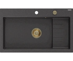 Granitinė virtuvinė plautuvė Mexen Omar su sifonu, Juodas granite+Gold, 800 x 480 mm