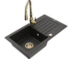 Granitinė virtuvinė plautuvė Mexen Pablo su maišytuvu ir sifonu, Metallic juodas/auksinis+Gold