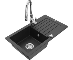 Granitinė virtuvinė plautuvė Mexen Pablo su maišytuvu ir sifonu, Metallic juodas/sidabrinis+Chrome