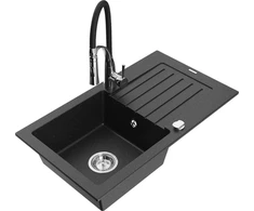 Granitinė virtuvinė plautuvė Mexen Pablo su maišytuvu ir sifonu, Metallic juodas/sidabrinis+Juodas/Chrome
