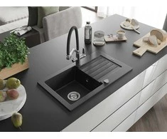 Granitinė virtuvinė plautuvė Mexen Pablo su maišytuvu ir sifonu, Metallic juodas/sidabrinis+Juodas/Chrome