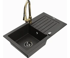 Granitinė virtuvinė plautuvė Mexen Pablo su maišytuvu ir sifonu, Metallic juodas/auksinis+Gold