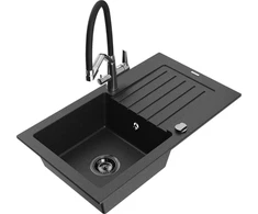 Granitinė virtuvinė plautuvė Mexen Pablo su maišytuvu ir sifonu, Metallic juodas/sidabrinis+Juodas/Chrome
