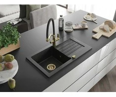 Granitinė virtuvinė plautuvė Mexen Pablo su maišytuvu ir sifonu, Metallic juodas/sidabrinis+Juodas/Gold