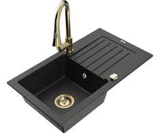 Granitinė virtuvinė plautuvė Mexen Pablo su maišytuvu ir sifonu, Metallic juodas/auksinis+Gold