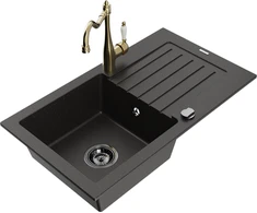Granitinė virtuvinė plautuvė Mexen Pablo su maišytuvu ir sifonu, Metallic juodas/auksinis+Gold