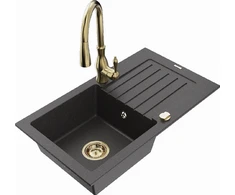 Granitinė virtuvinė plautuvė Mexen Pablo su maišytuvu ir sifonu, Juodas granite+Gold