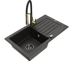 Granitinė virtuvinė plautuvė Mexen Pablo su maišytuvu ir sifonu, Metallic juodas/auksinis+Juodas/Gold