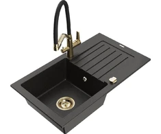 Granitinė virtuvinė plautuvė Mexen Pablo su maišytuvu ir sifonu, Metallic juodas/auksinis+Juodas/Gold
