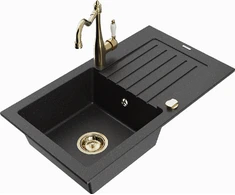 Granitinė virtuvinė plautuvė Mexen Pablo su maišytuvu ir sifonu, Metallic juodas/sidabrinis+Gold