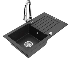 Granitinė virtuvinė plautuvė Mexen Pablo su maišytuvu ir sifonu, Metallic juodas/sidabrinis+Chrome