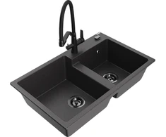 Granitinė virtuvinė plautuvė Mexen Tomas su maišytuvu ir sifonu, Juodas granite+Juodas
