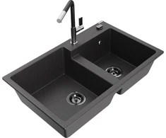 Granitinė virtuvinė plautuvė Mexen Tomas su maišytuvu ir sifonu, Juodas granite+Juodas/Chrome