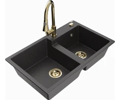 Granitinė virtuvinė plautuvė Mexen Tomas su maišytuvu ir sifonu, Juodas granite+Gold