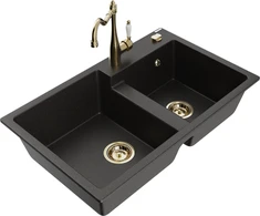 Granitinė virtuvinė plautuvė Mexen Tomas su maišytuvu ir sifonu, Metallic juodas/auksinis+Gold
