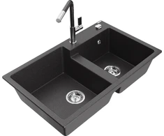 Granitinė virtuvinė plautuvė Mexen Tomas su maišytuvu ir sifonu, Juodas granite+Juodas granite/Chrome