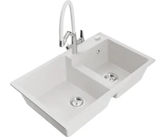 Granitinė virtuvinė plautuvė Mexen Tomas su maišytuvu ir sifonu, Baltas+Baltas/Chrome