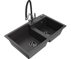 Granitinė virtuvinė plautuvė Mexen Tomas su maišytuvu ir sifonu, Juodas granite+Juodas/Chrome