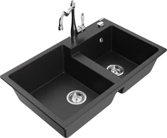 Granitinė virtuvinė plautuvė Mexen Tomas su maišytuvu ir sifonu, Metallic juodas/sidabrinis+Chrome