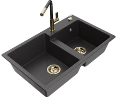 Granitinė virtuvinė plautuvė Mexen Tomas su maišytuvu ir sifonu, Juodas granite+Juodas granite/Gold