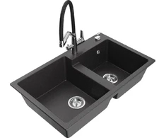 Granitinė virtuvinė plautuvė Mexen Tomas su maišytuvu ir sifonu, Juodas granite+Juodas/Chrome