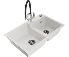 Granitinė virtuvinė plautuvė Mexen Tomas su maišytuvu ir sifonu, Baltas+Juodas/Chrome