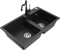 Granitinė virtuvinė plautuvė Mexen Tomas su maišytuvu ir sifonu, Metallic juodas/sidabrinis+Juodas
