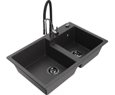 Granitinė virtuvinė plautuvė Mexen Tomas su maišytuvu ir sifonu, Juodas granite+Juodas/Chrome