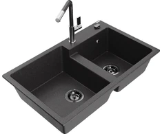 Granitinė virtuvinė plautuvė Mexen Tomas su maišytuvu ir sifonu, Juodas granite+Juodas granite/Chrome