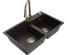 Granitinė virtuvinė plautuvė Mexen Tomas su maišytuvu ir sifonu, Metallic juodas/auksinis+Gold
