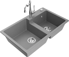 Granitinė virtuvinė plautuvė Mexen Tomas su maišytuvu ir sifonu, Pilkas+Chrome