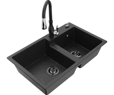 Granitinė virtuvinė plautuvė Mexen Tomas su maišytuvu ir sifonu, Metallic juodas/sidabrinis+Juodas