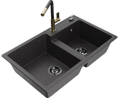 Granitinė virtuvinė plautuvė Mexen Tomas su maišytuvu ir sifonu, Juodas granite+Juodas granite/Gold