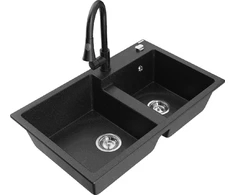 Granitinė virtuvinė plautuvė Mexen Tomas su maišytuvu ir sifonu, Metallic juodas/sidabrinis+Juodas