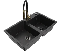 Granitinė virtuvinė plautuvė Mexen Tomas su maišytuvu ir sifonu, Metallic juodas/sidabrinis+Juodas/Gold