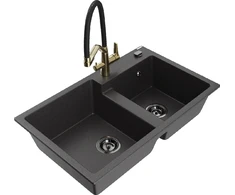 Granitinė virtuvinė plautuvė Mexen Tomas su maišytuvu ir sifonu, Juodas granite+Juodas/Gold