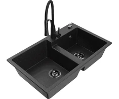 Granitinė virtuvinė plautuvė Mexen Tomas su maišytuvu ir sifonu, Metallic juodas/sidabrinis+Juodas