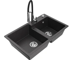 Granitinė virtuvinė plautuvė Mexen Tomas su maišytuvu ir sifonu, Juodas granite+Juodas/Chrome