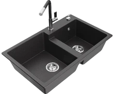Granitinė virtuvinė plautuvė Mexen Tomas su maišytuvu ir sifonu, Juodas granite+Juodas/Chrome
